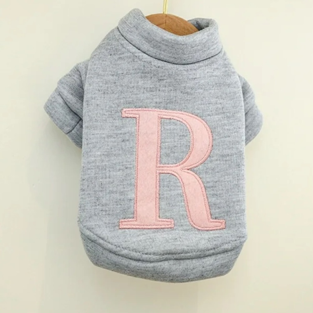 Letter R embroidery pet sweatshirt gray and pink
